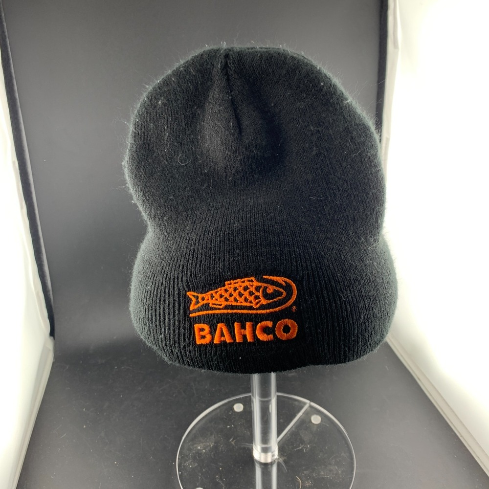 Bahco Cuffed Beanie Hat Men One Size Black Knit Embroidered Fish Logo Winter Cap
